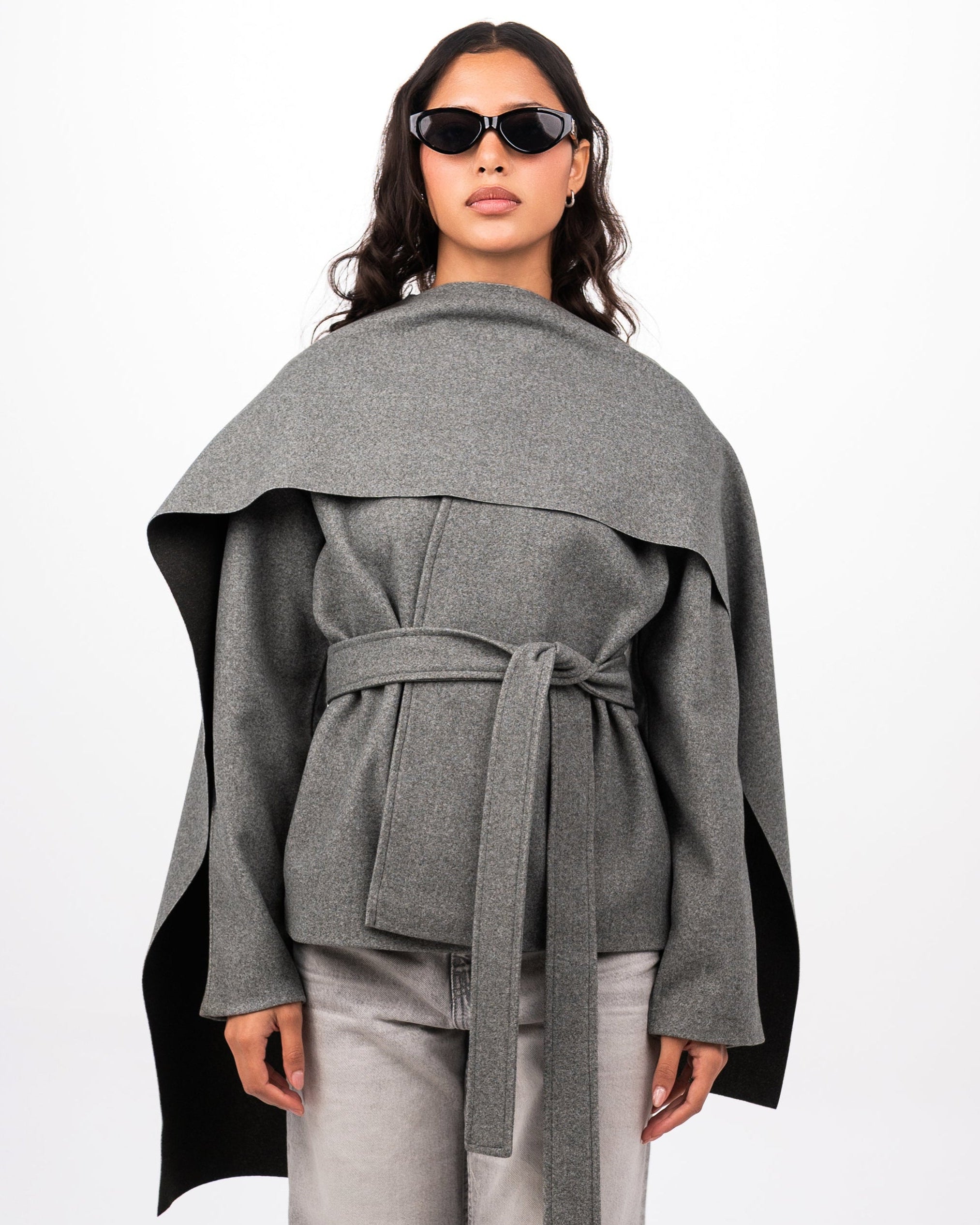 WOOL SCARF COAT - GREY