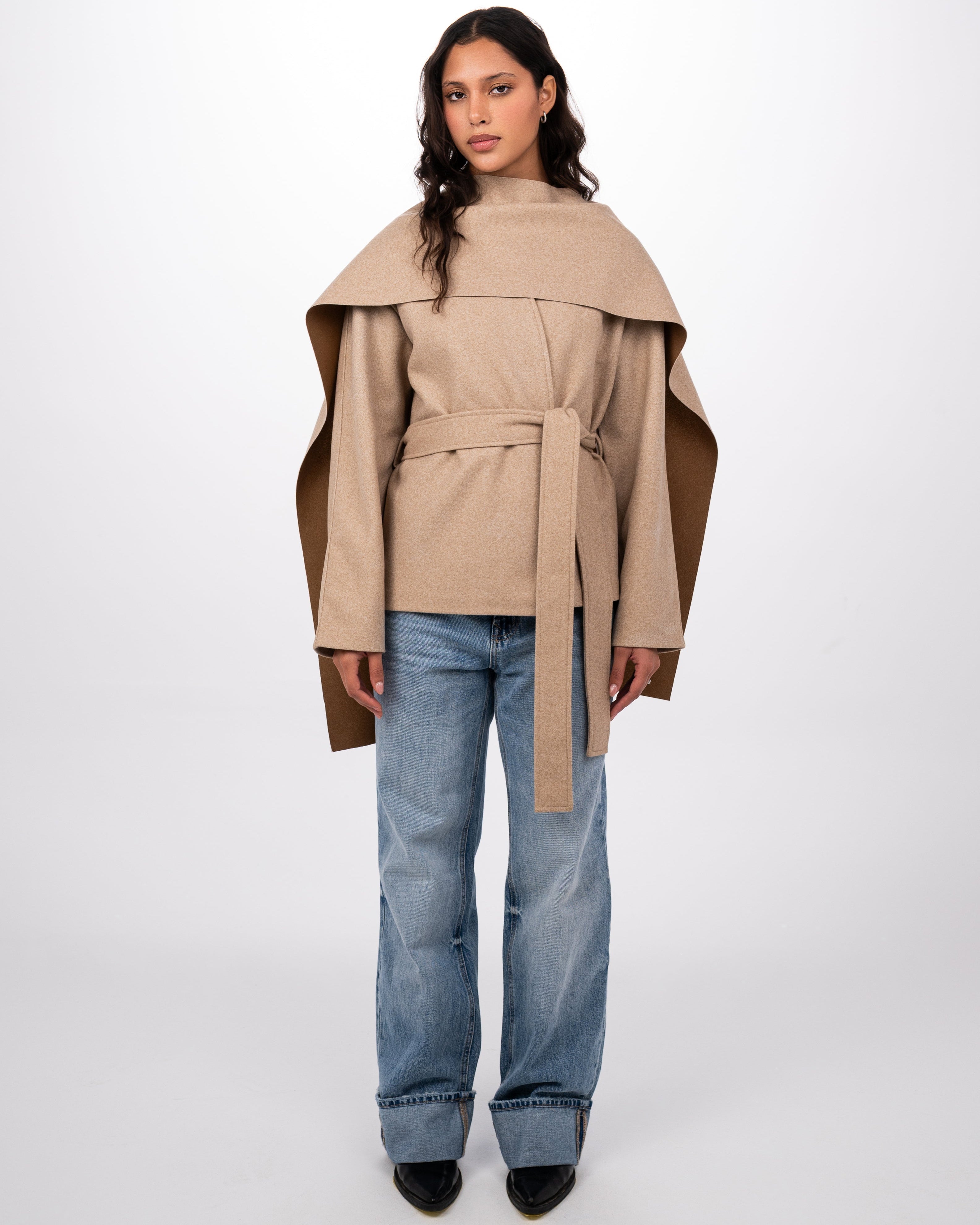 WOOL SCARF COAT - BEIGE