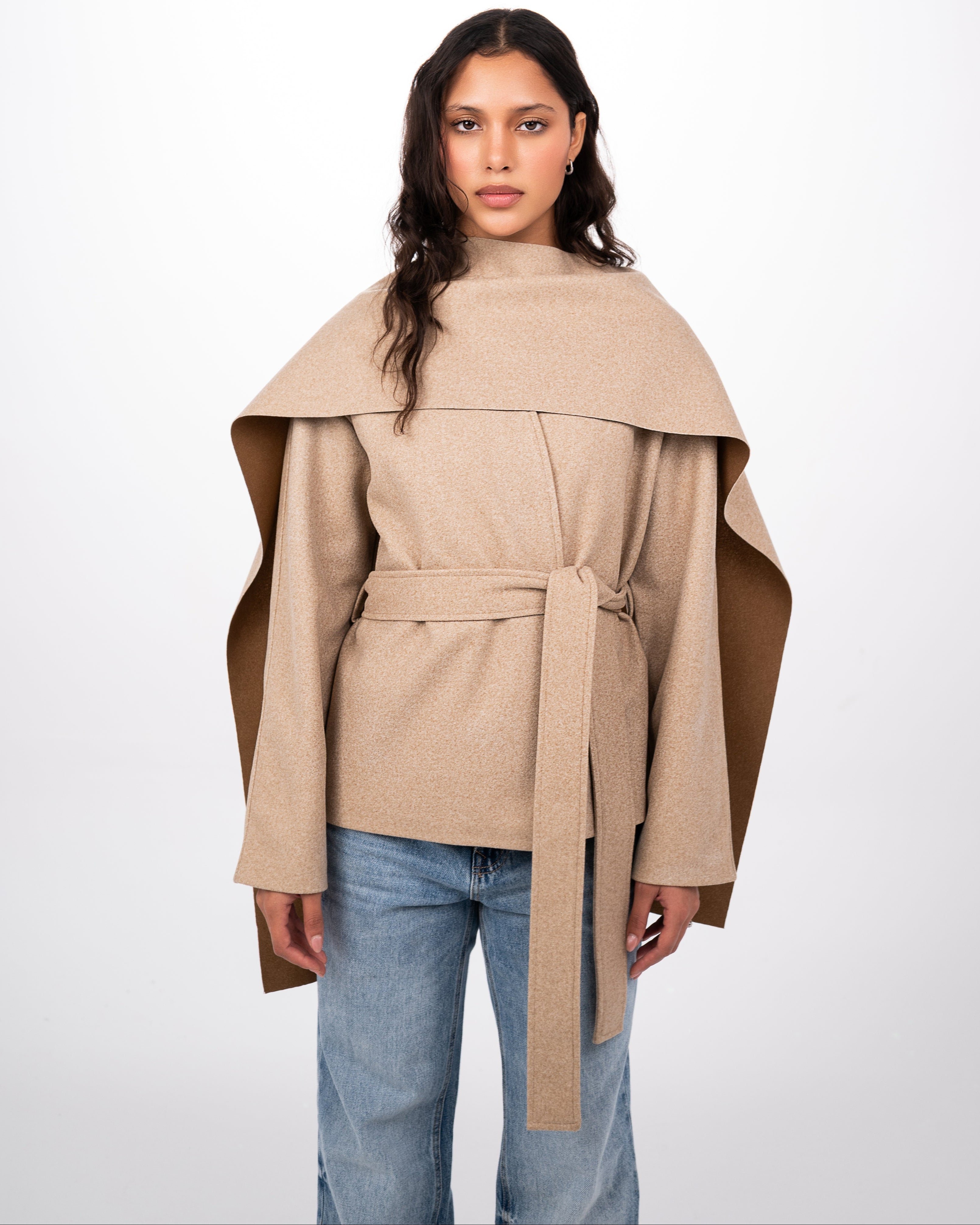 WOOL SCARF COAT - BEIGE