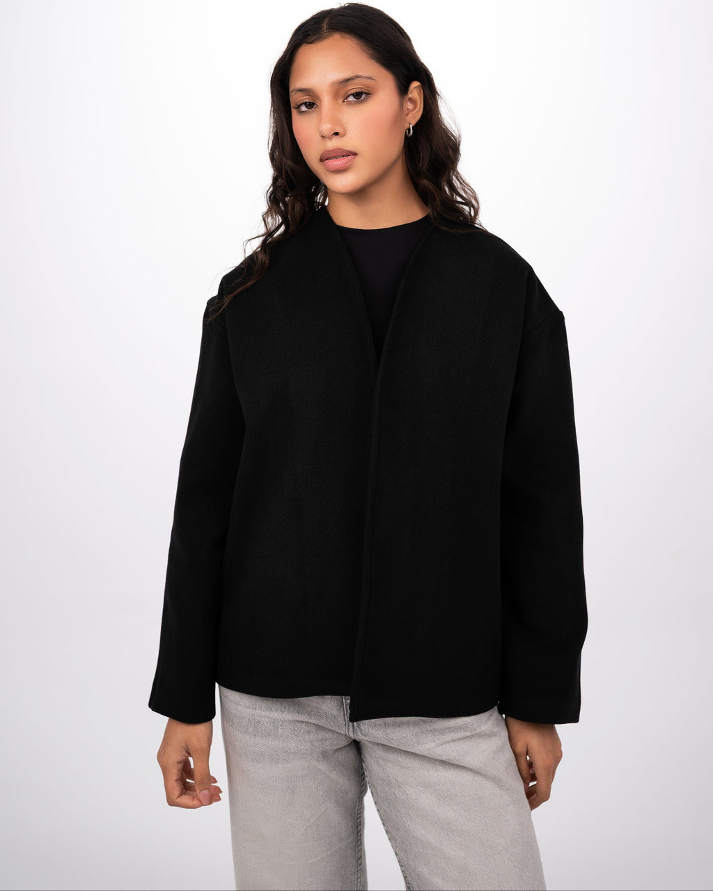 WOOL SCARF COAT - BLACK