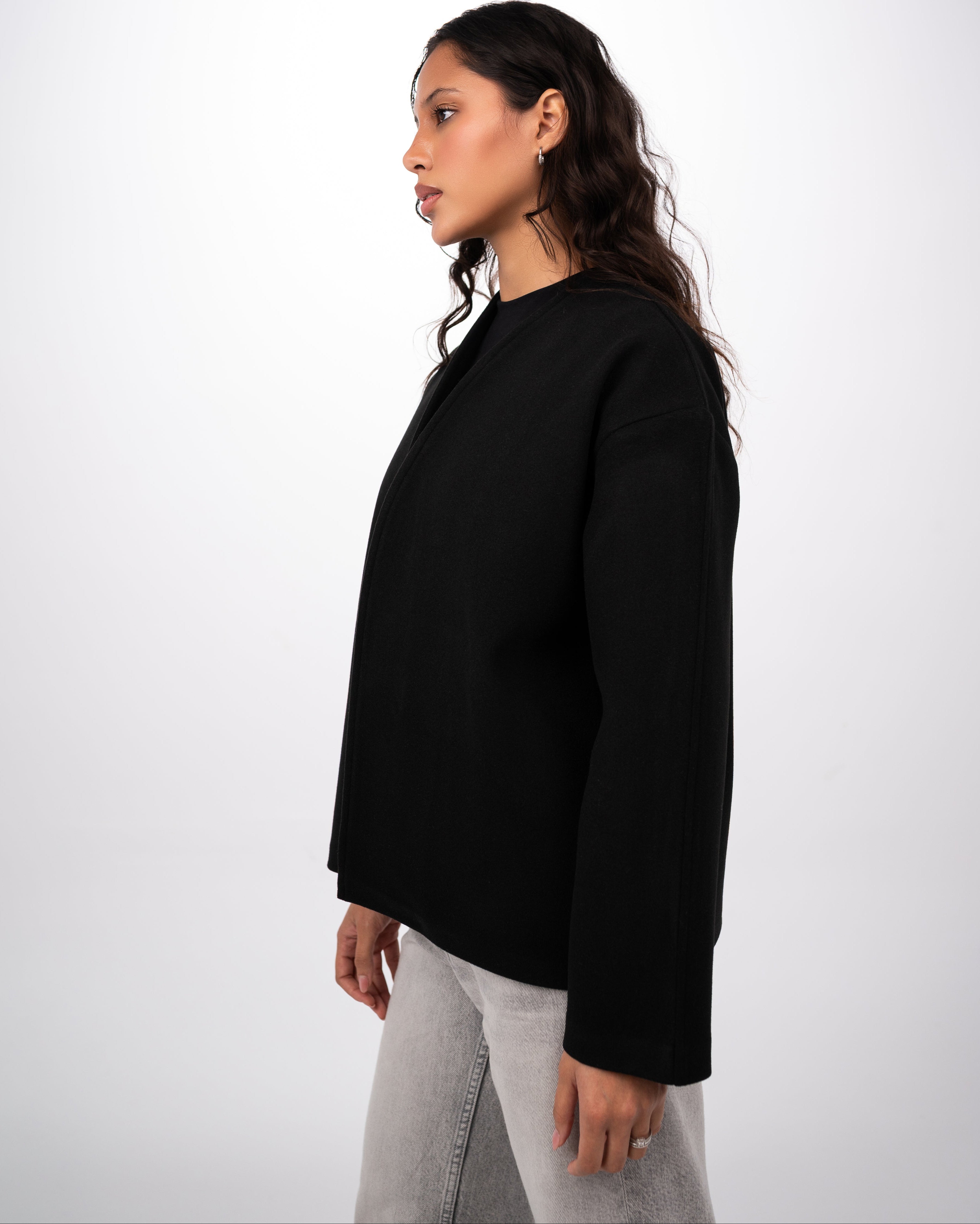 WOOL SCARF COAT - BLACK