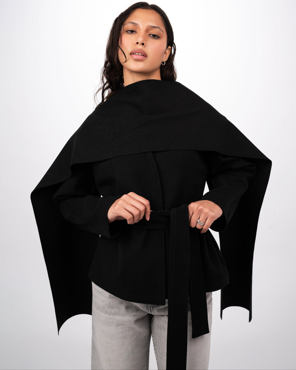 WOOL SCARF COAT - BLACK