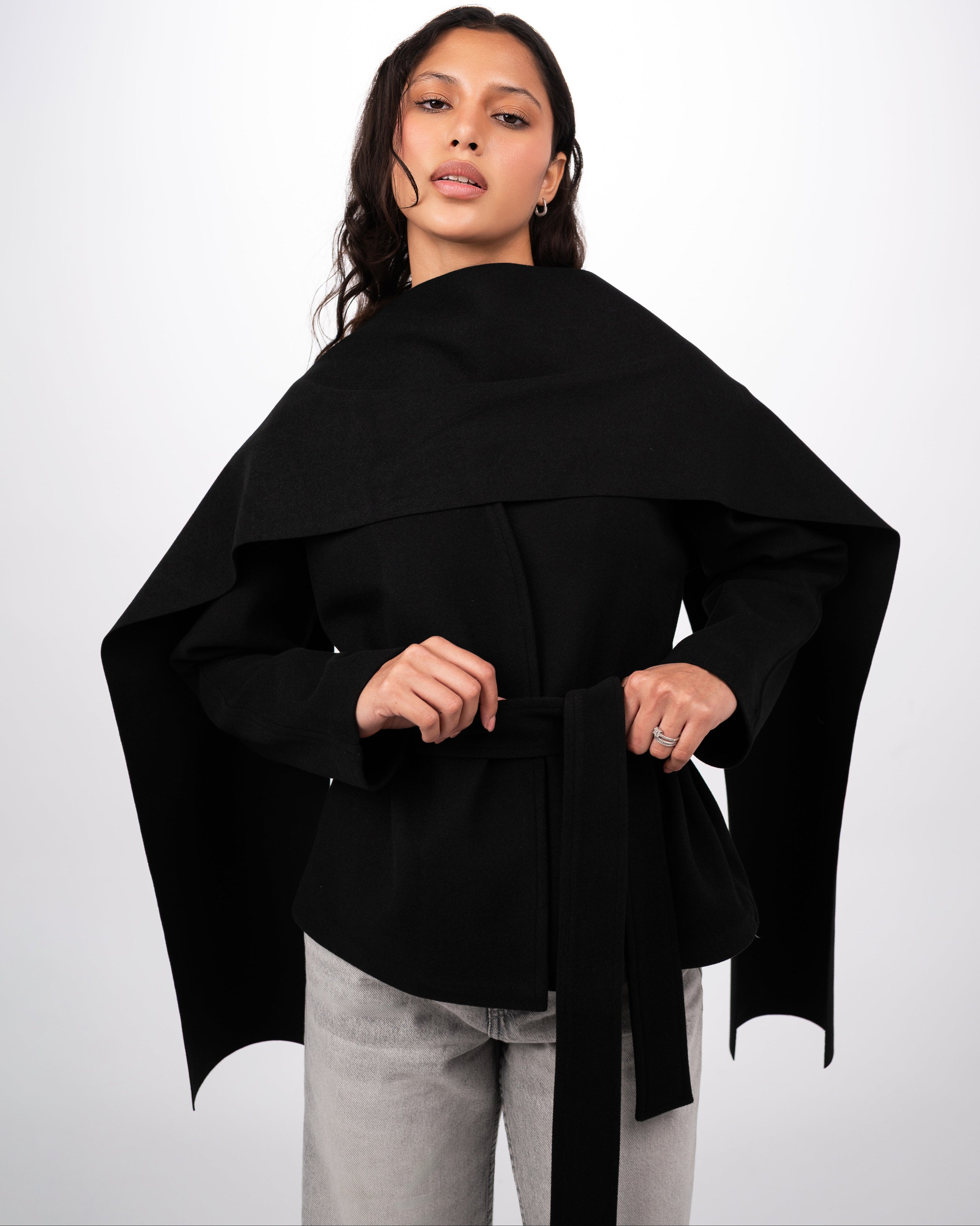WOOL SCARF COAT - BLACK