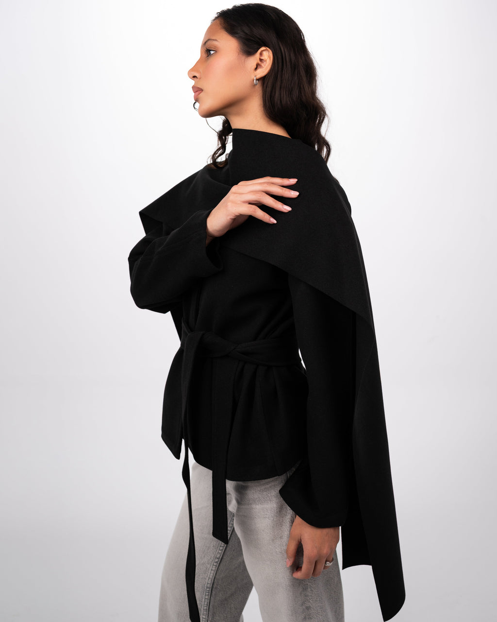 WOOL SCARF COAT - BLACK