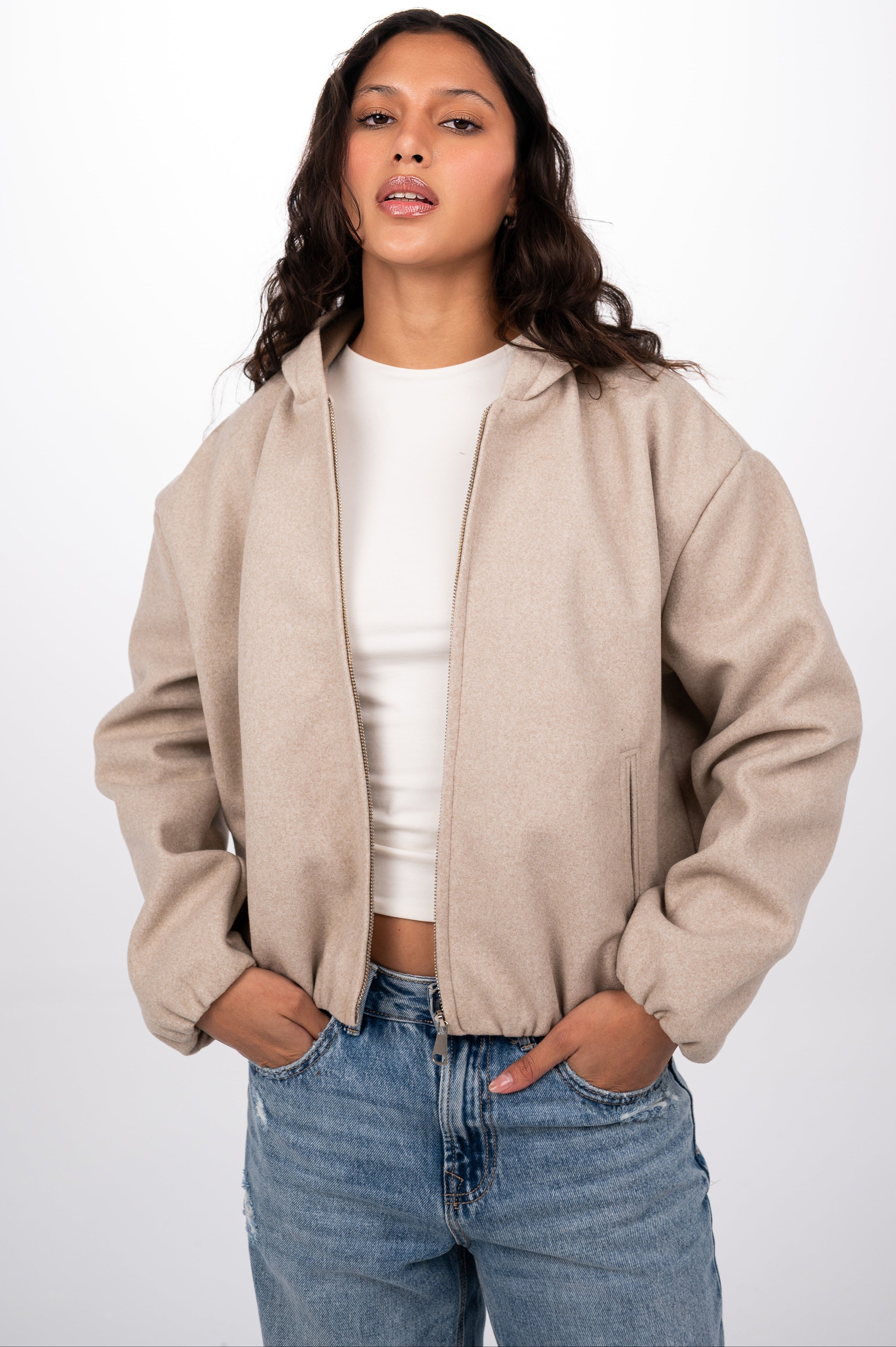 WOOL BOMBER JACKET - BEIGE