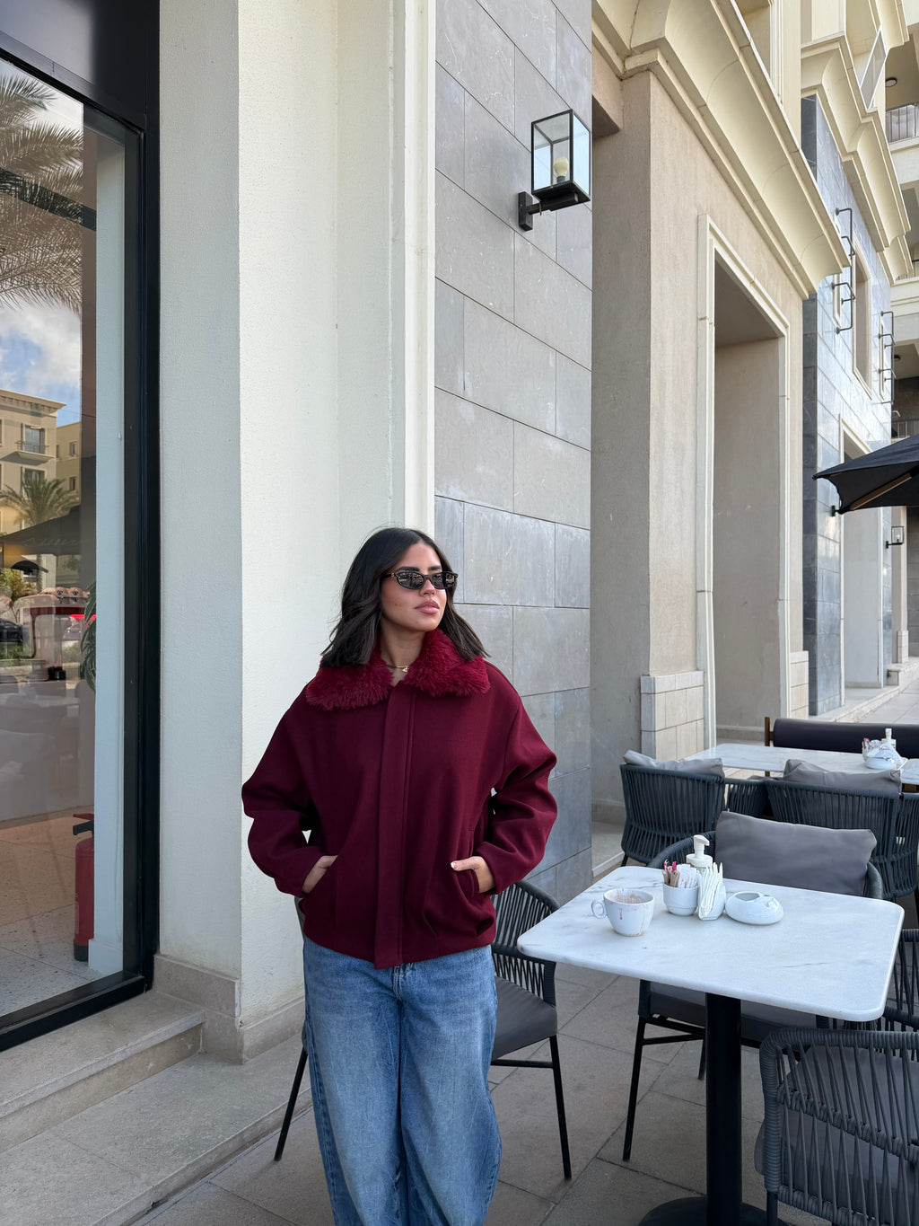 WOOL FUR JACKET - BURGUNDY