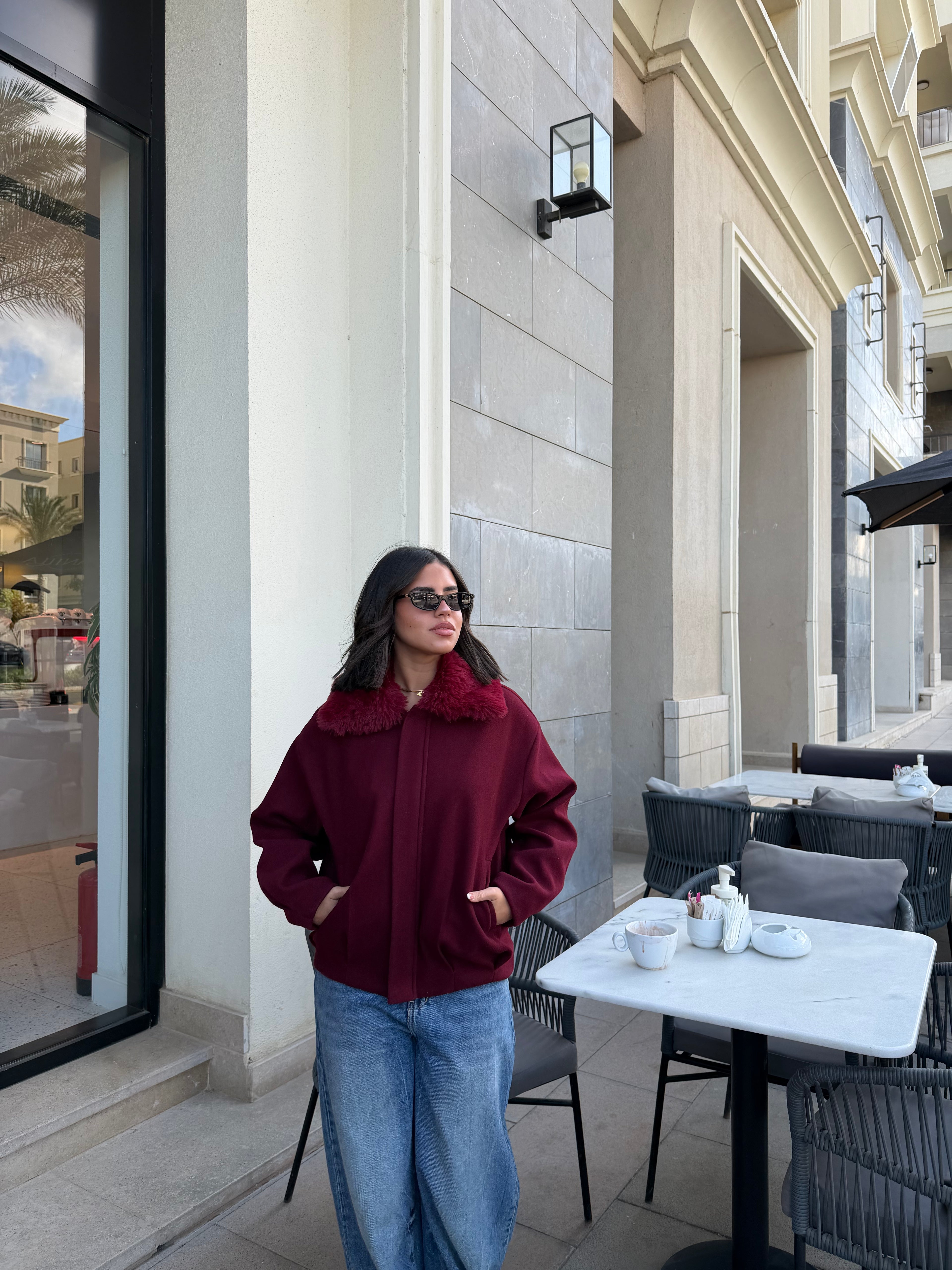 WOOL FUR JACKET - BURGUNDY