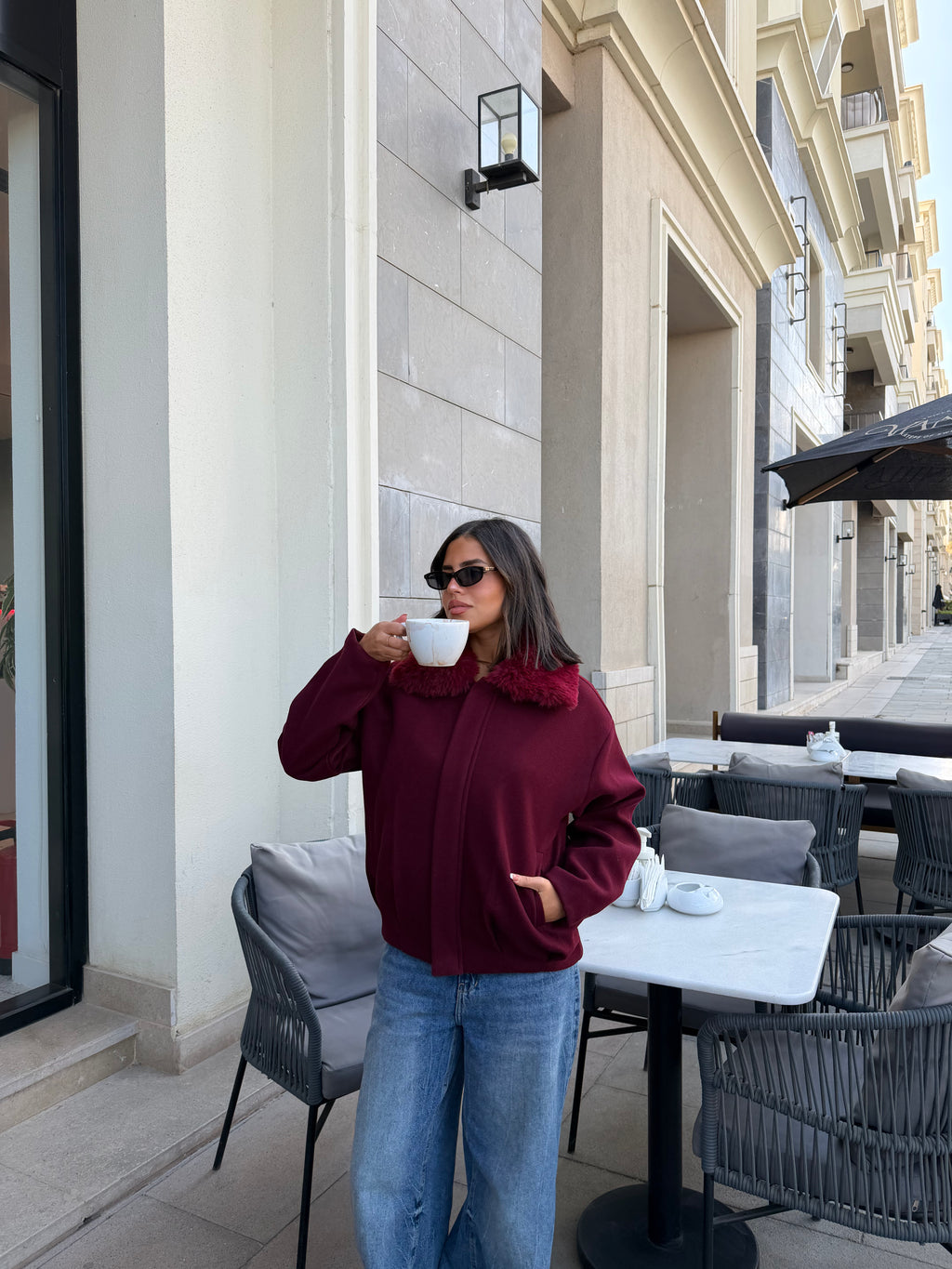 WOOL FUR JACKET - BURGUNDY