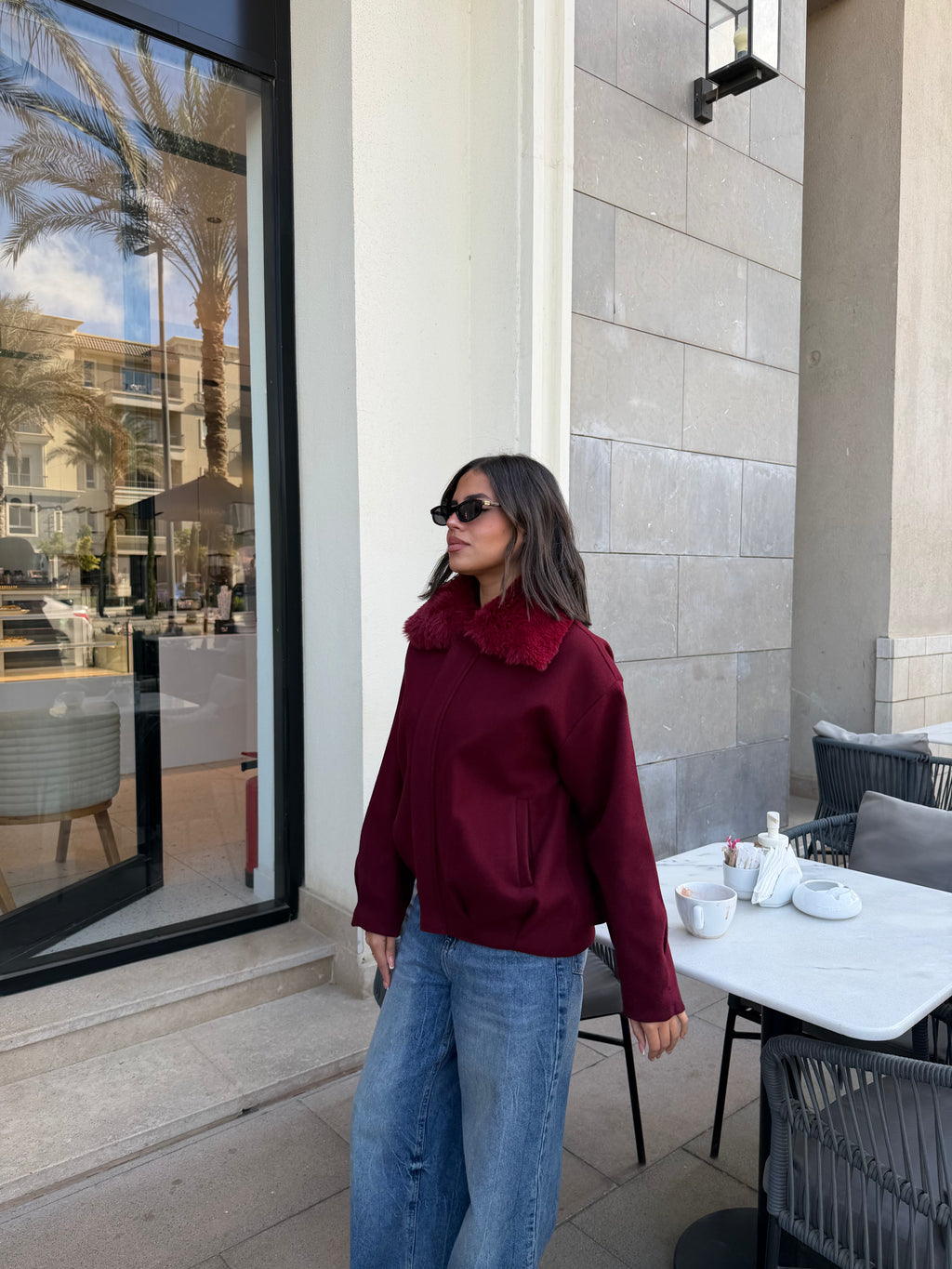 WOOL FUR JACKET - BURGUNDY