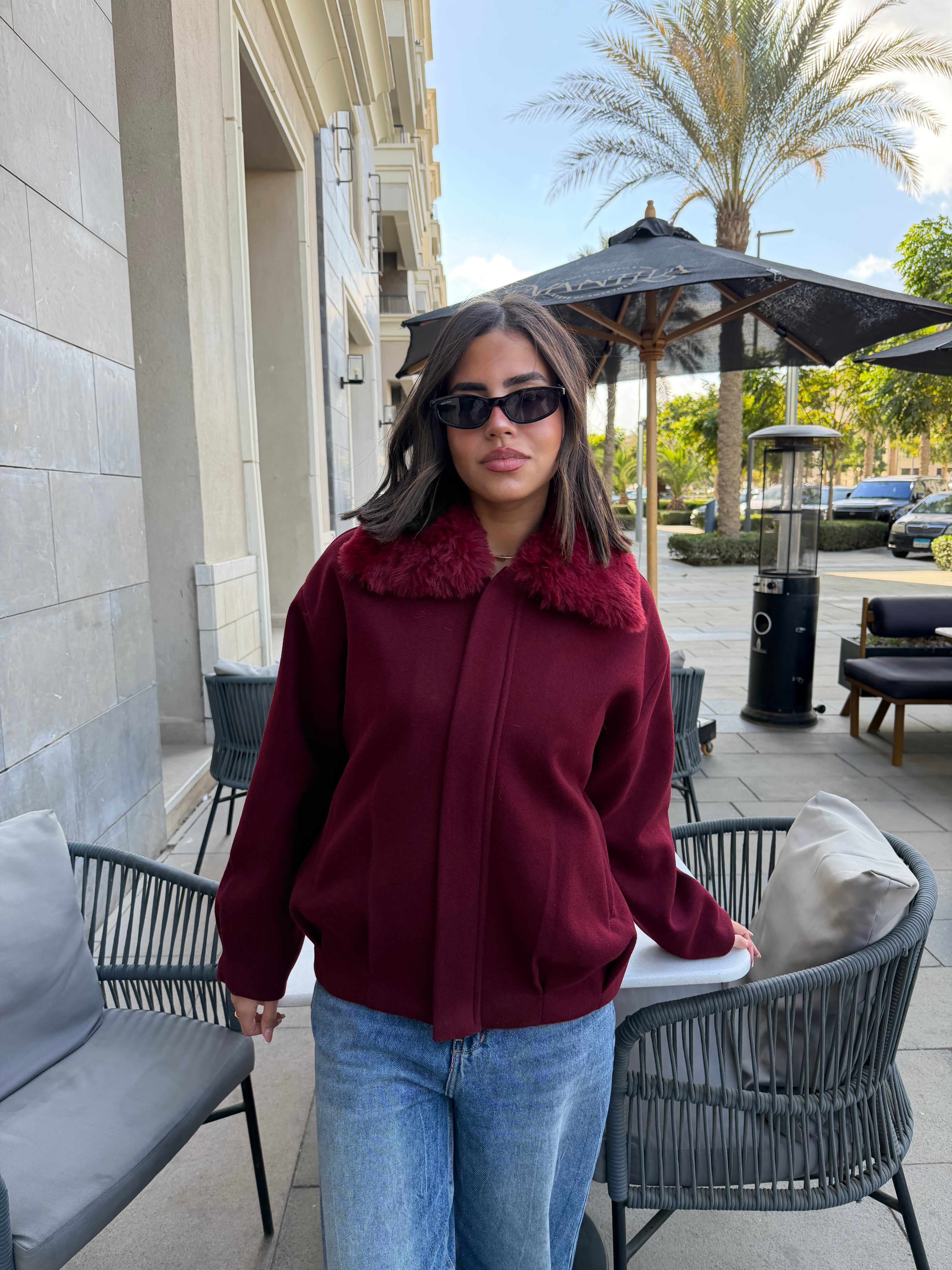 WOOL FUR JACKET - BURGUNDY