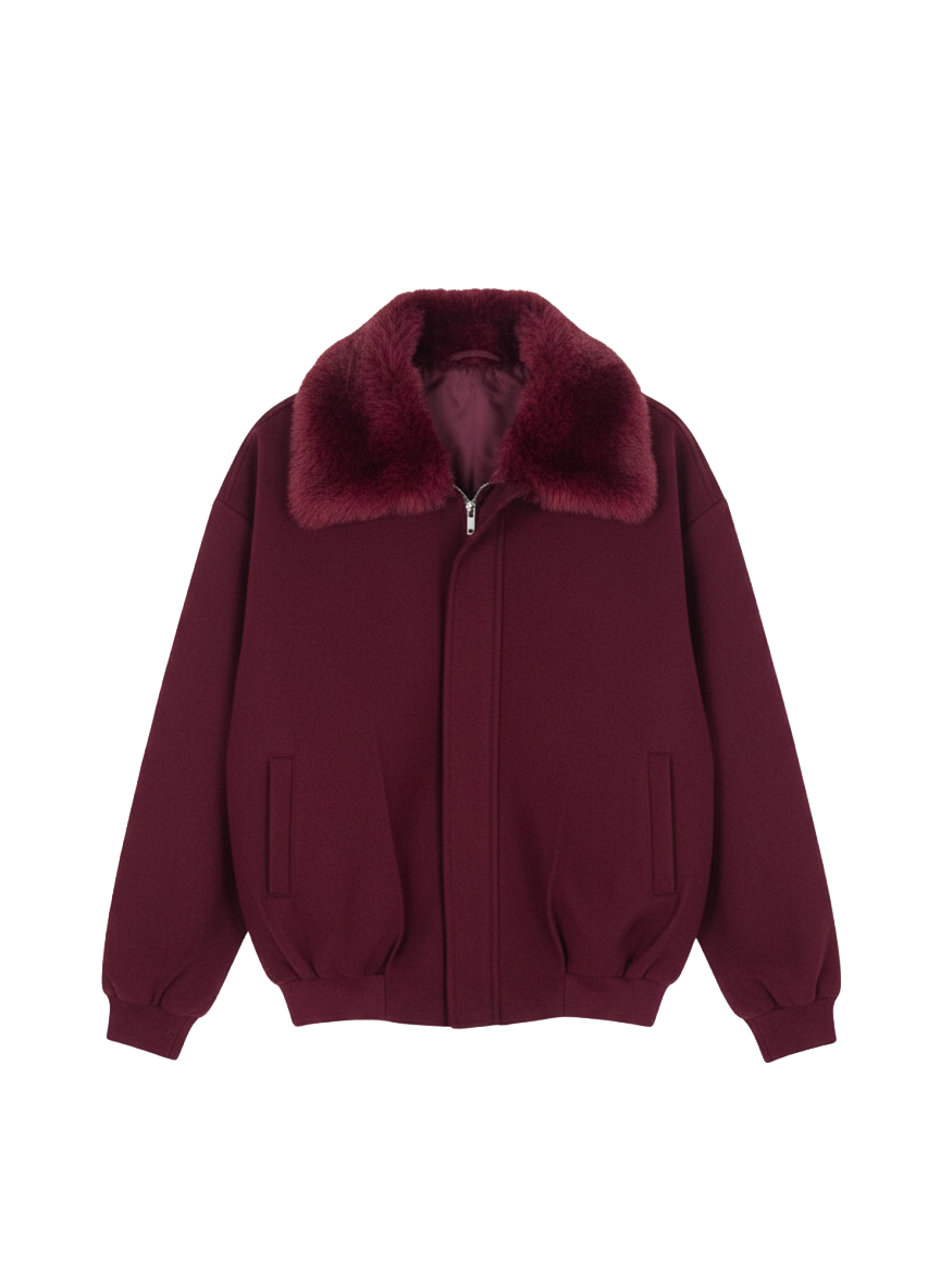 WOOL FUR JACKET - BURGUNDY