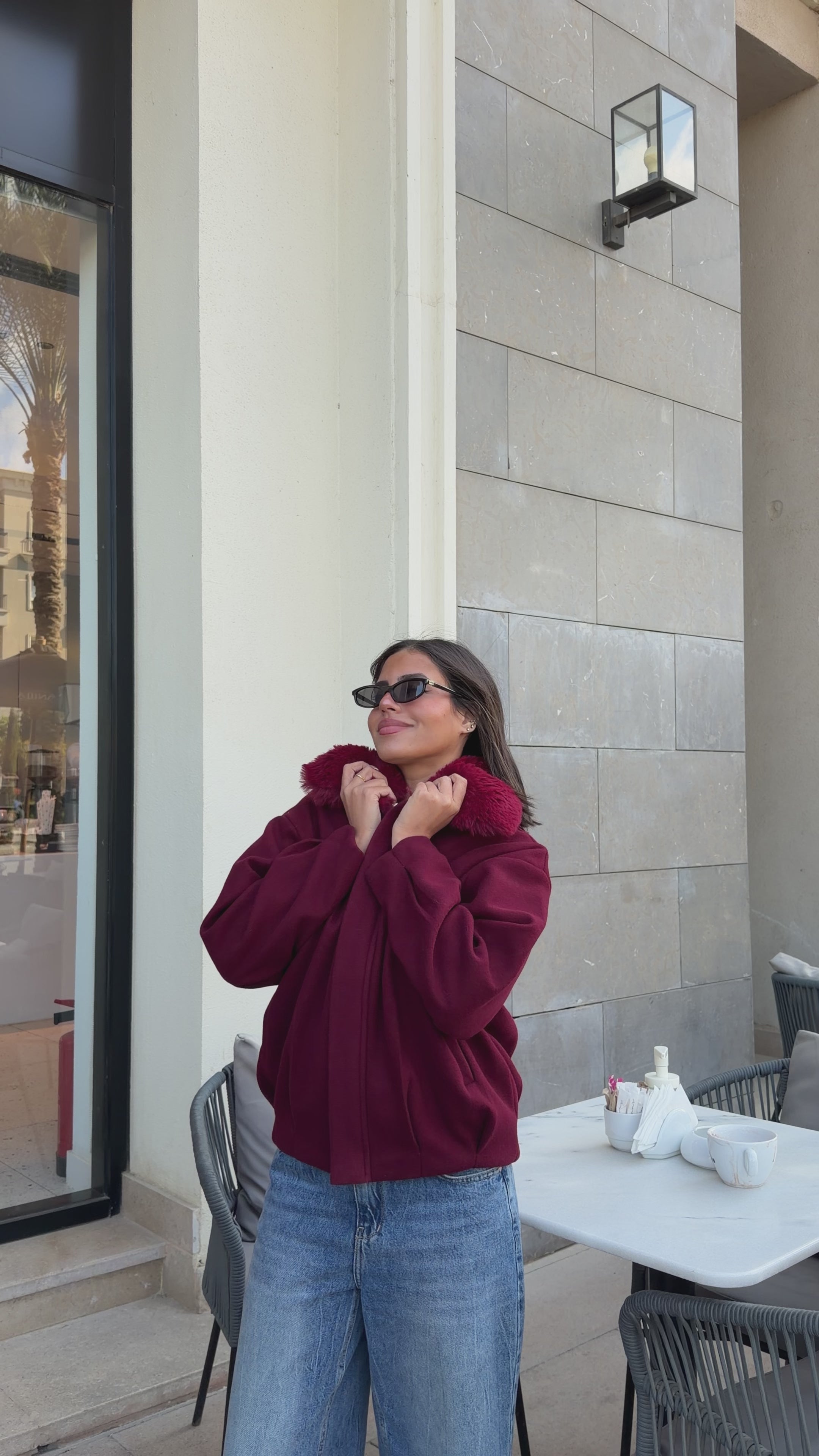 WOOL FUR JACKET - BURGUNDY