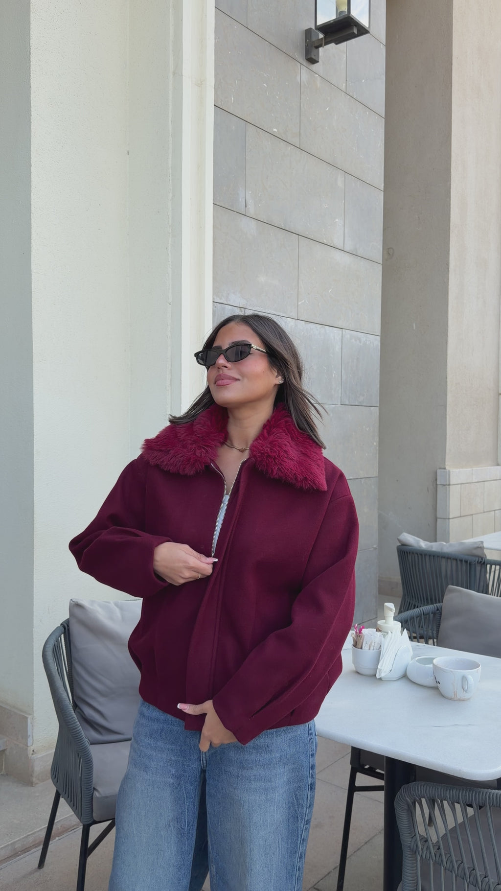 WOOL FUR JACKET - BURGUNDY