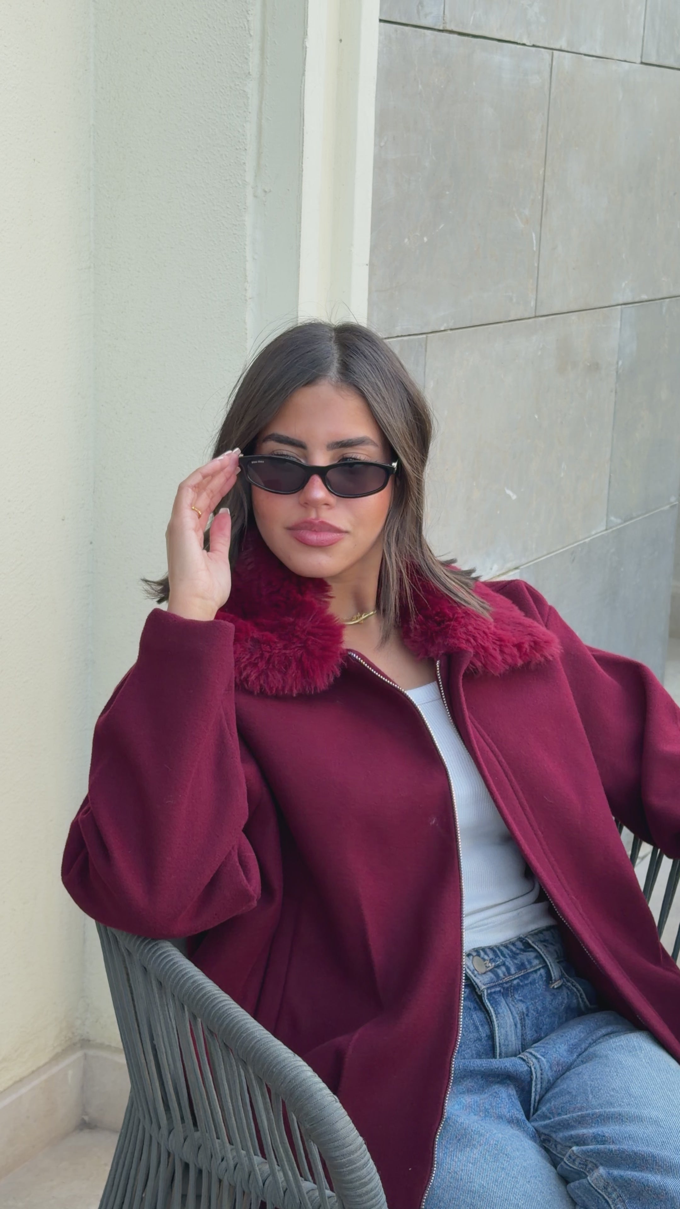 WOOL FUR JACKET - BURGUNDY